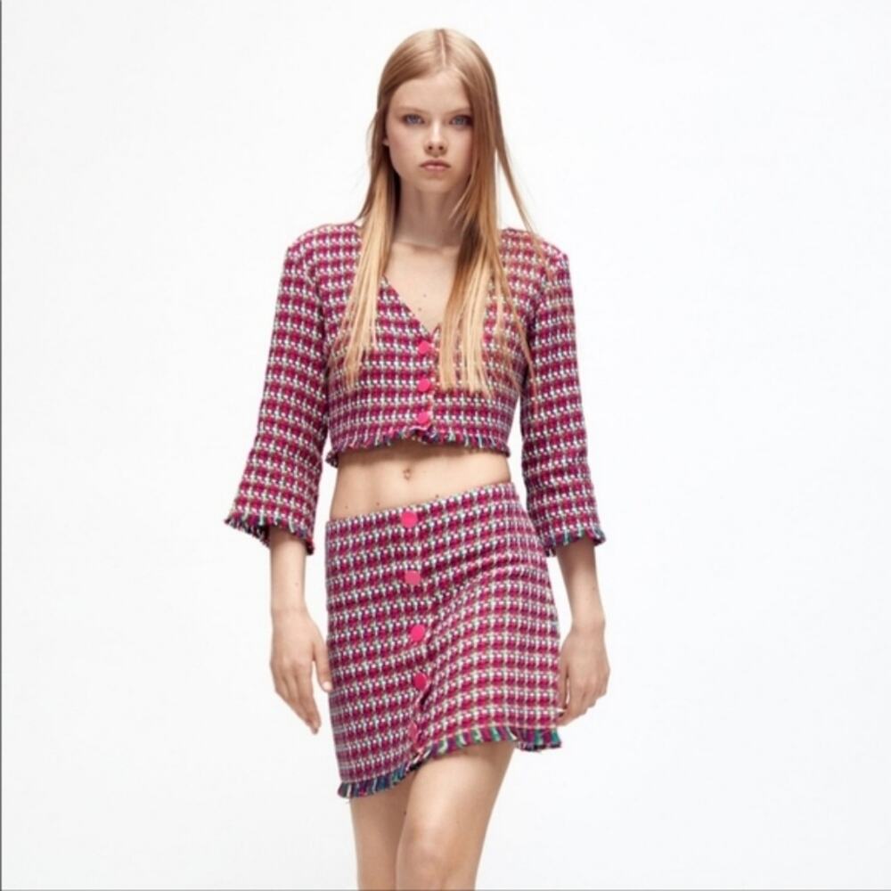 Zara Blogger Favorite NWT Tweed Textured Mini Skirt Size Medium Pink Y2K - Picture 10 of 11